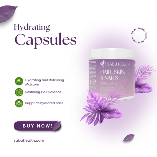 Sabu Health Hydrating Capsules container with purple flowers on a light purple background