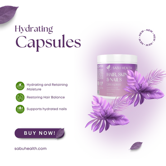 Promotional image of Sabu Health Hydrating Capsules with purple flowers and text on a light purple background.