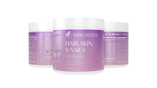 Purple jars labeled 'Sabu Health Hair, Skin, & Nails' on a white background