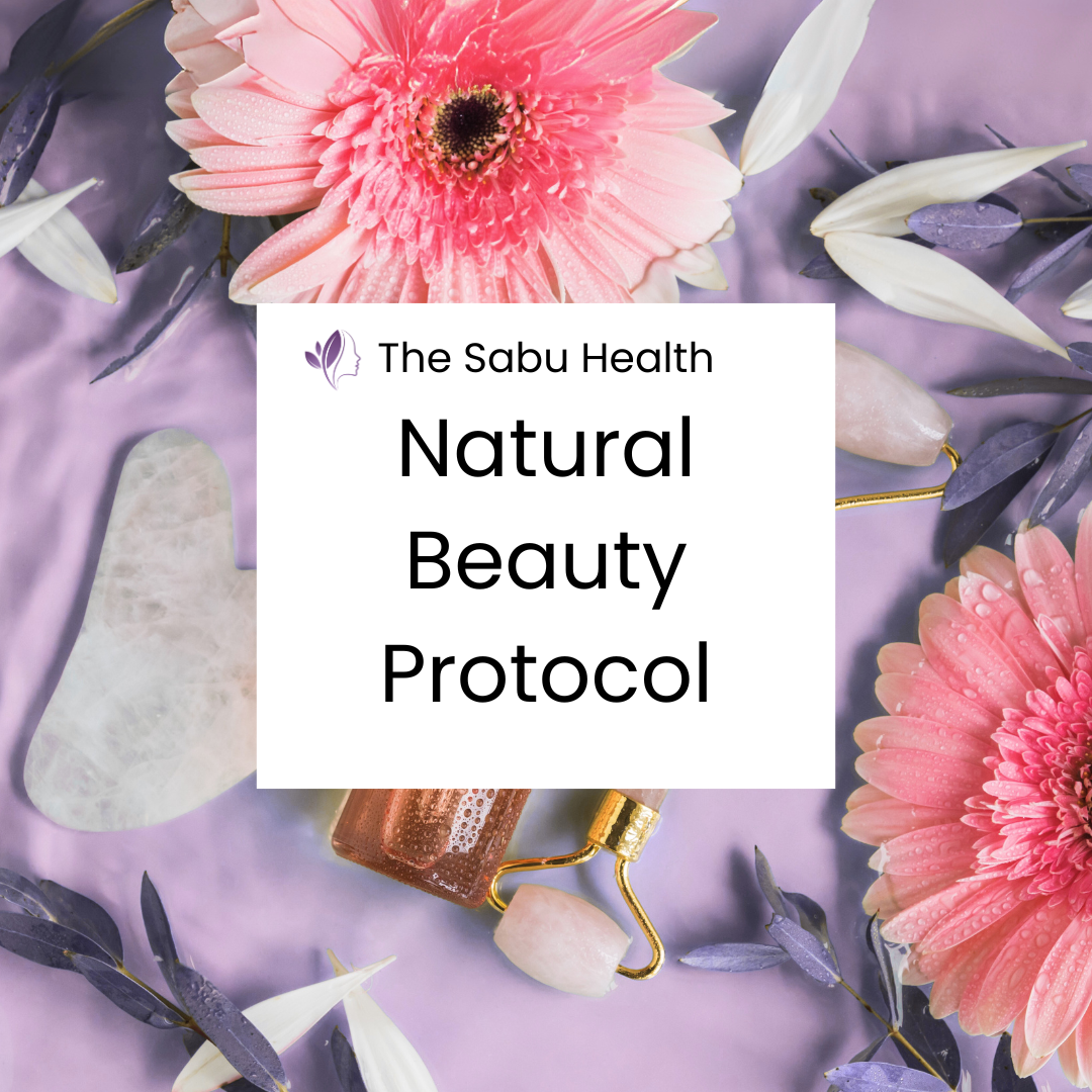 Advertisement for The Sabu Health Natural Beauty Protocol with flowers and skincare tools on a purple background.