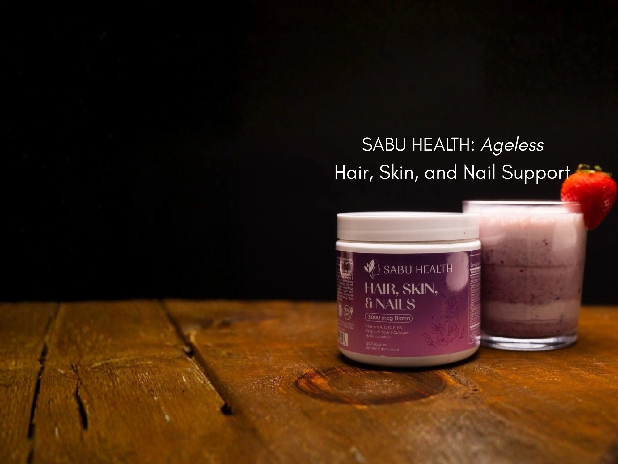 SABU HEALTH product for hair, skin, and nails on a wooden surface with a dark background